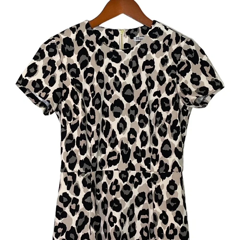 Eliza J Leopard Print Short Sleeve Fit & Flare Mini Dress Size 4 Tan Black - Picture 3 of 11